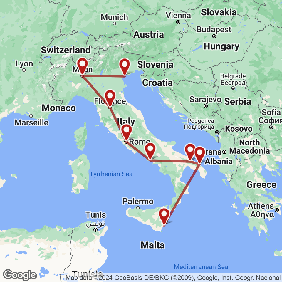 Route for Venice, Milan, Florence, Rome, Naples, Alberobello, Brindisi, Siracusa tour